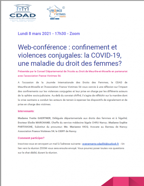 Webconférence: Confinement et violences conjugales : la COVID-19, maladie du droit des femmes?